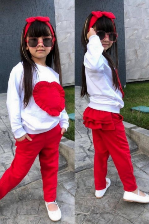 Tracksuits, Sweatshirts - Girl Ruffled Heart Printed Bandana Red Tracksuit Suit 100328753 - Turkey