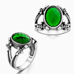 Men - Green Zircon Stone Sword Motif Sterling Silver Ring 100346392 - Turkey