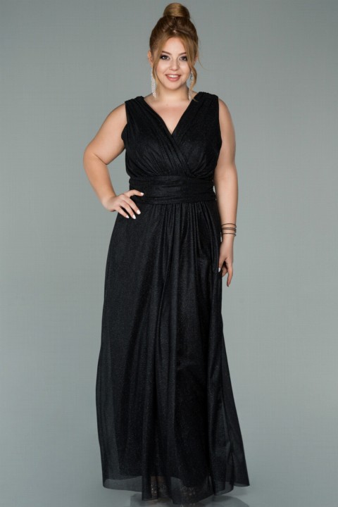 Plus Size - Evening Dress Double Breasted Collar Silvery Long Plus Size Evening Dress 100298344 - Turkey