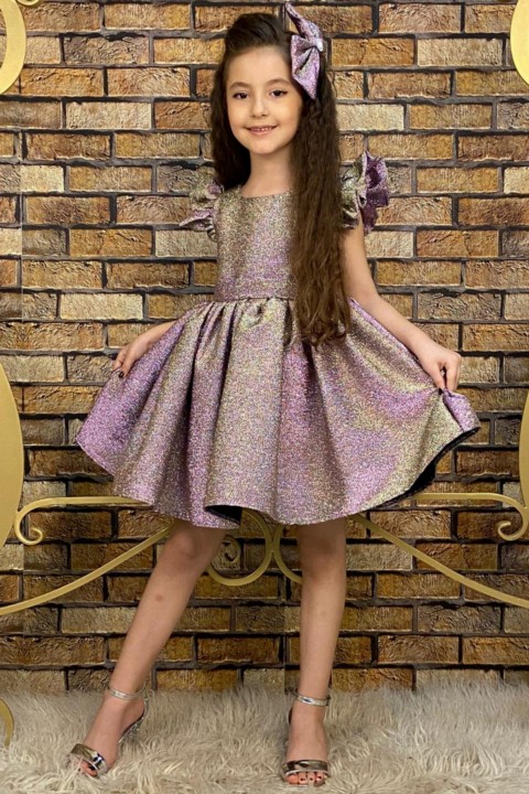 Girls - Neues fliederfarbenes Mädchenkleid mit schimmernder Schnalle 100327199 - Turkey