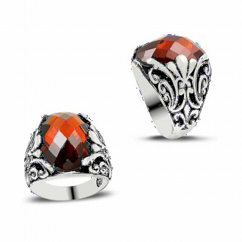 Silver Rings 925 - خاتم فضة بحجر الزركون الأحمر منحوت للرجال من الفضة الإسترليني 100348949 - Turkey