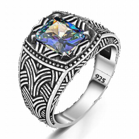 Silver Rings 925 - Patterned Elegant Mystic Topaz Stone Sterling Silver Ring 100350359 - Turkey