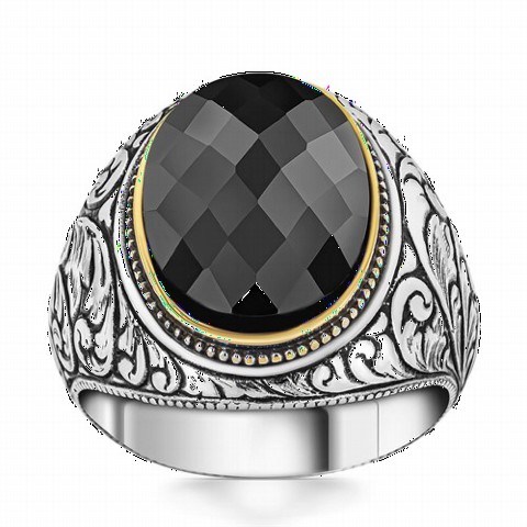 Sterling Silver Men's Ring With Black Zircon Stones On The Sides 100350325