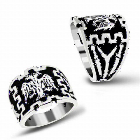 Double Headed Eagle Motif Sterling Silver Men's Ring With Kayı Length Symbol 100348606