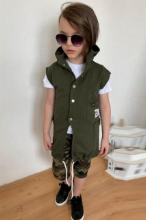 Boy's Back Chain Detailed Front Snap Button and Hooded Green-Camouflage Tracksuit 100327292