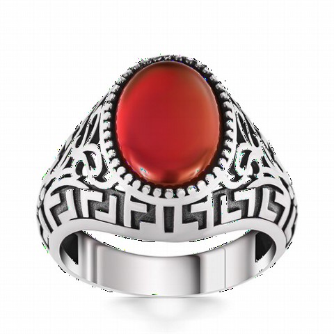 Greek Patterned Red Agate Stone Silver Ring 100350328