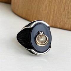Crescent and Star Dot Patterned Silver Ring on Black Onyx Stone 100347956