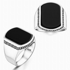 Plain Stone Simple Black Onyx Silver Men's Ring 100346456