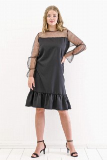 Plus Size Top Sleeve Polka Dot Tulle Detailed Evening Dress Black 100276298