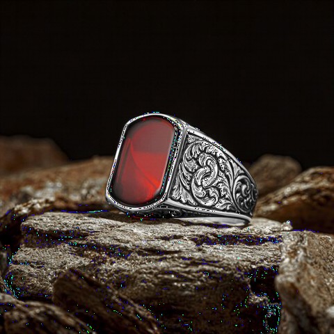 Pen Embroidered Red Agate Stone Silver Ring 100349766