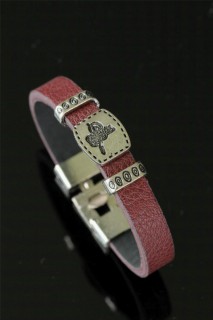 Bracelet - Metal Ottoman Tugra Claret Red Leather Men's Bracelet 100327881 - Turkey