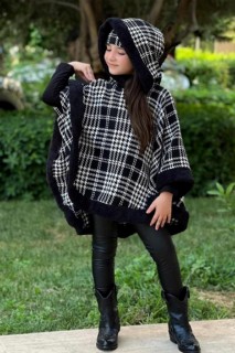 Outwear - Girls' Plaid Printed Hooded Cape Leather Leggings 4-Piece Black Bottom Top Set 100328749 - Turkey