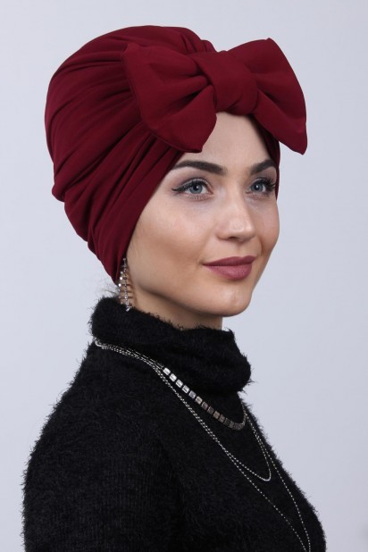 Woman Bonnet & Turban - کلاه دو طرفه کلارت قرمز با پاپیون پر شده - Turkey
