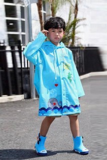 Coat, Trench Coat - Girls Boys Whale Printed Bag Protective Hooded Blue Raincoat 100327216 - Turkey