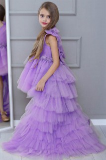 Evening Dress - Girl's Waist Flower Embroidered Tailed Tiered Tiered Tulle Lilac Evening Dress 100328422 - Turkey