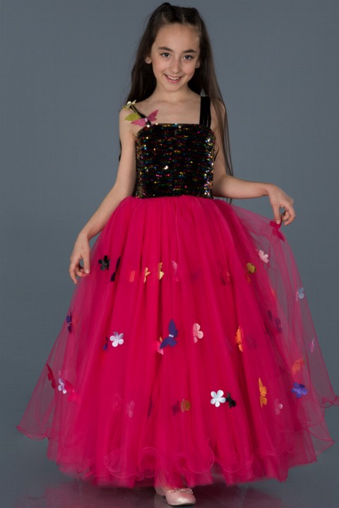 Girl Clothing - Abiyefon Three Dimensional Butterfly Patterned Evening Dress 100297597 - Turkey