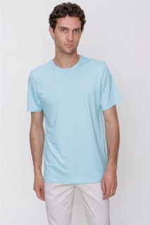 Men Clothing - Men's Blue Basic Plain 100% Cotton Crew Neck Dynamic Fit Comfortable Fit Short Sleeved T-Shirt 100351372 - Turkey