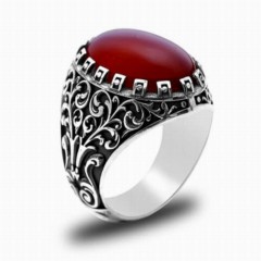 Agate Stone Rings - Agate Stone Hand Embroidered Motif Sterling Silver Men's Ring 100347053 - Turkey