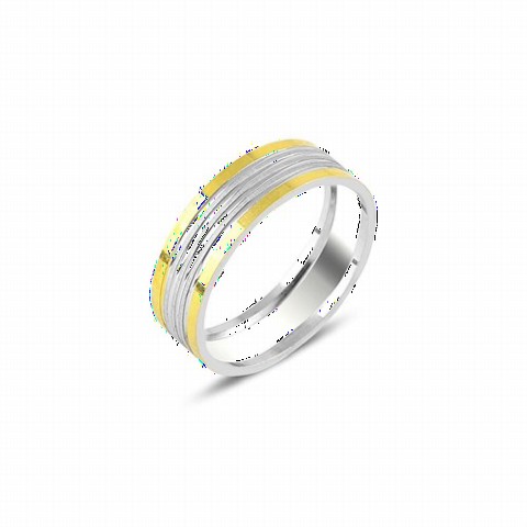 Edges Gold Detailed Striped Model Silver Wedding Ring 100347033