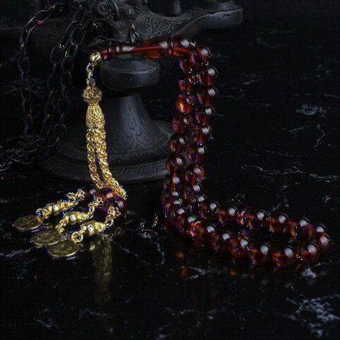 Rosary - 14K Gold Plated Silver Tasseled Original Amber Tasbih 100346838 - Turkey