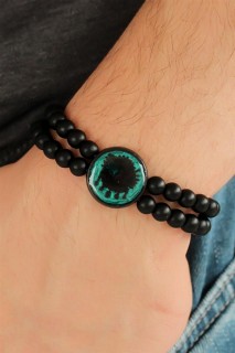 Black Color Double Row Natural Stone Men's Bracelet With Ottoman Coat Of Arms Figure On Green Colored Metal 100318436