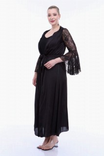 Large Size Satin Dressing Gown with Lace Cape Sleeve 100276776