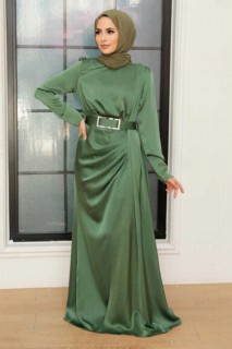 Almond Green Hijab Evening Dress 100341356