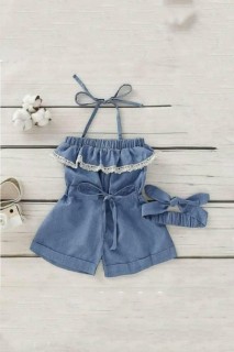 Outwear - Girl's Rope Strap Waist Lace-Up Lace Embroidered Blue Shorts Jumpsuit 100328453 - Turkey