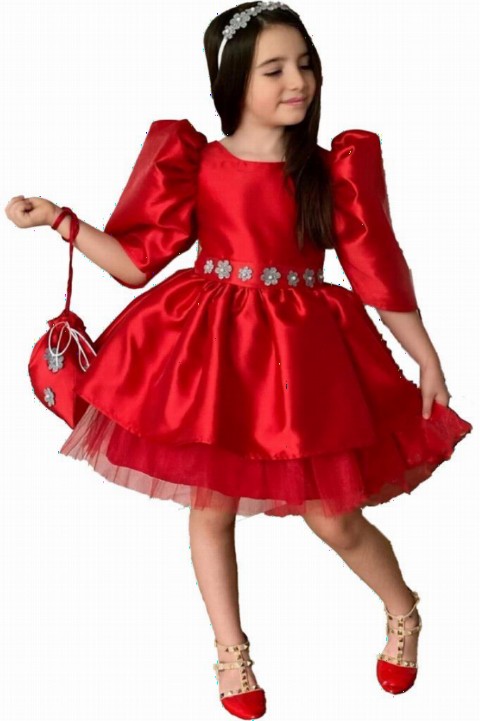 Girl's Waist Glittery Flower Detailed and Bag Watermelon Sleeve Red Evening Dress 100327342