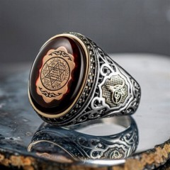 mix - Amber Stone Seal of Prophet Solomon Embroidered Sides Ottoman Tugra Silver Ring 100346526 - Turkey