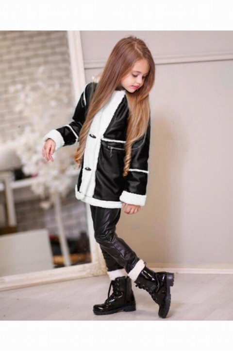 Girl's Plush Detailed Jacket Leather Black Tights Suit 100344677