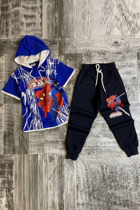 Boy Clothing - Boy Spider-Man Printed Hooded Short Sleeve Blue Tracksuit 100327179 - Turkey