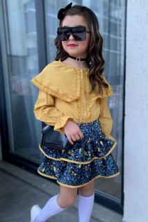 Girl's Collar Flywheel Floral Printed Mustard Velvet Skirt Suit 100344704