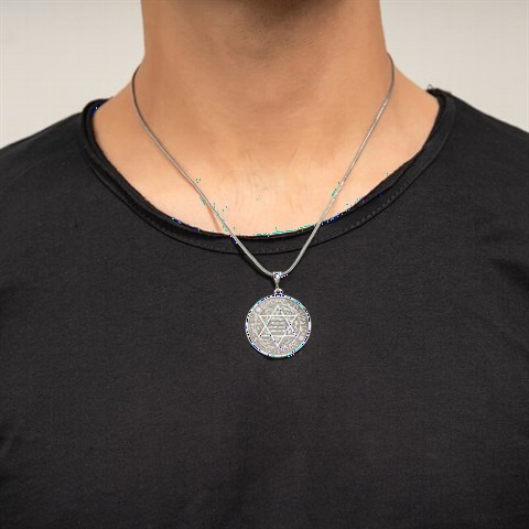 Necklace - Seal of Solomon Motif Embroidered Silver Necklace 100347785 - Turkey