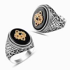 Onyx Stone Rings - Oval Onyx Stone Embroidered Ottoman Patterned Silver Ring 100347838 - Turkey