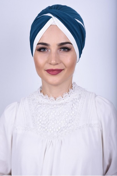 Woman Bonnet & Turban - Bi-Color Vera Bone Petrol Blue 100285668 - Turkey