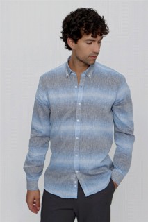 Men Clothing - Men's Blue Linen Paneled Regular Fit Comfy Cut Shirt 100351063 - Turkey