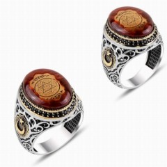 Men - Seal of Solomon Motif Moon and Star Patterned Silver Ring 100347735 - Turkey