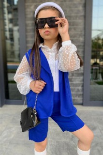 Outwear - Blaues Shorts-Set für Mädchen mit transparenter Jacke und Weste mit Polka Dots 100328282 - Turkey