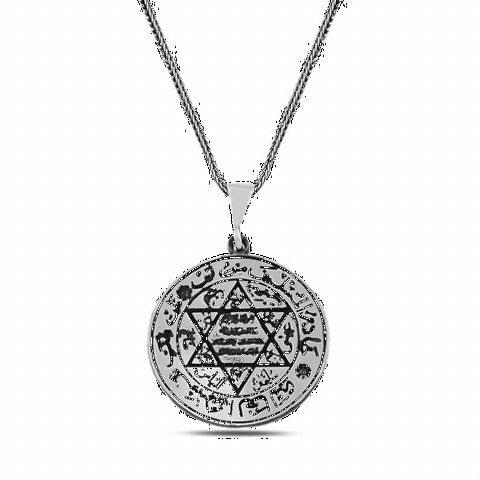 Necklace - Seal of Prophet Solomon Motif Embroidered Silver Necklace 100347811 - Turkey