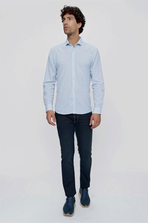 Men's Ice Blue Harmony Linen Long Sleeve Regular Fit Wide Cut Soft Collar Shirt 100351065