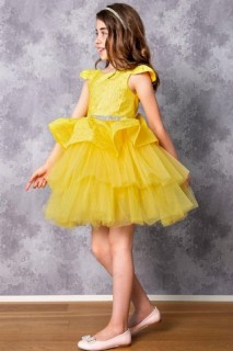 Girl's Fluffy Waist Sequin Striped Bow Yellow Evening Dress 100326828