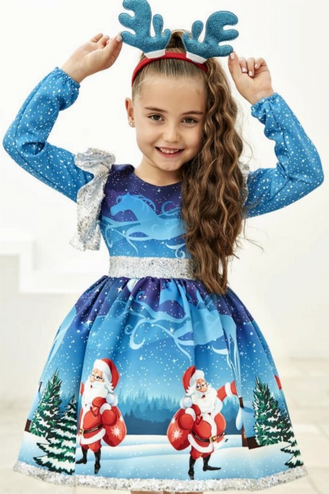 Girl's Blue Christmas Dress with Pulp Detail Deer Stone Gift 100327027