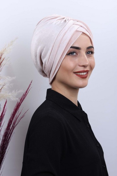 Woman Bonnet & Turban - کلاه مخملی 3 راه راه بژ - Turkey