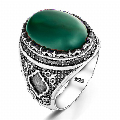 Agate Stone Rings - Green Agate Stone Edge Motif Sterling Silver Ring 100349135 - Turkey