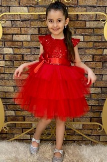 Girl Clothing - فستان سهرة أحمر للأطفال مع طبقات مطرزة باللب أحمر 100328676 - Turkey