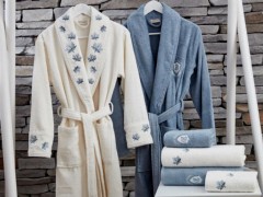 Set Robe - Lace Leaf Embroidered Cotton Bathrobe Set Cream Blue 100332322 - Turkey