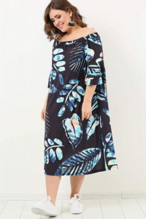 Woman - Young Plus Size Adjustable Collar Leaf Pattern Dress Black 100276285 - Turkey