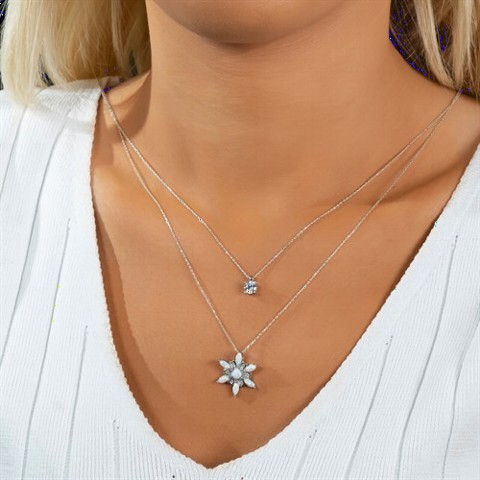 Solitaire Detailed Opal Wind Rose Silver Necklace 100350098