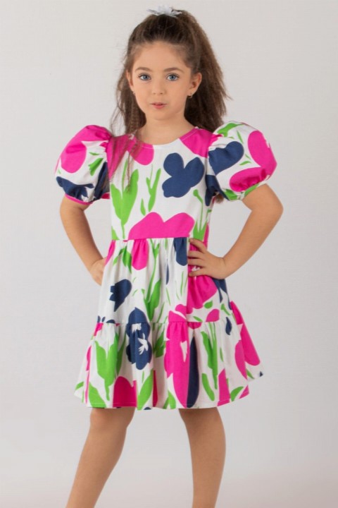 Girls - Girl's Round Neck and Flower Printed Watermelon Sleeve Colorful Dress 100327265 - Turkey